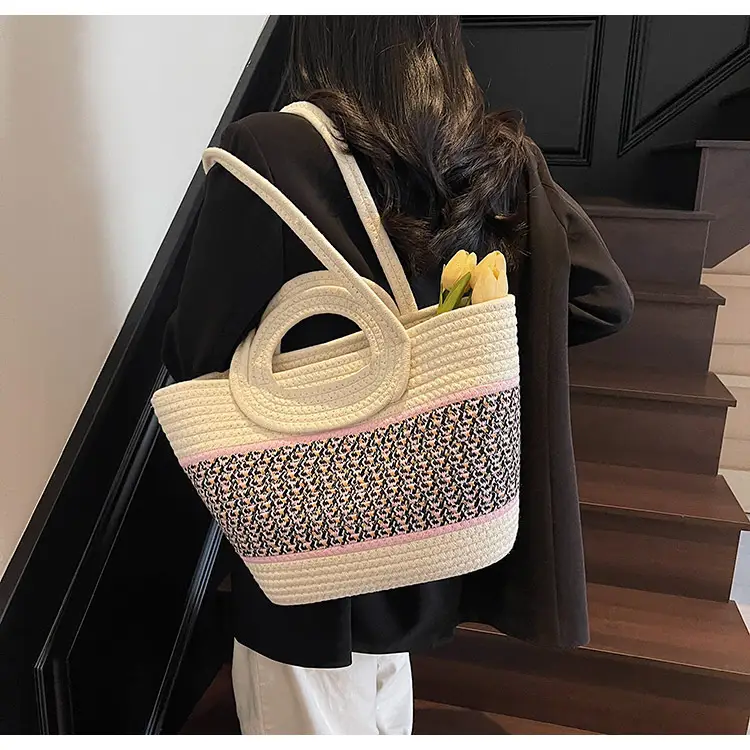 Navy Beige Woven Shoulder Bag with Patterned Base — feature 33