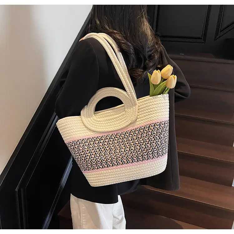 Navy Beige Woven Shoulder Bag with Patterned Base — feature 34