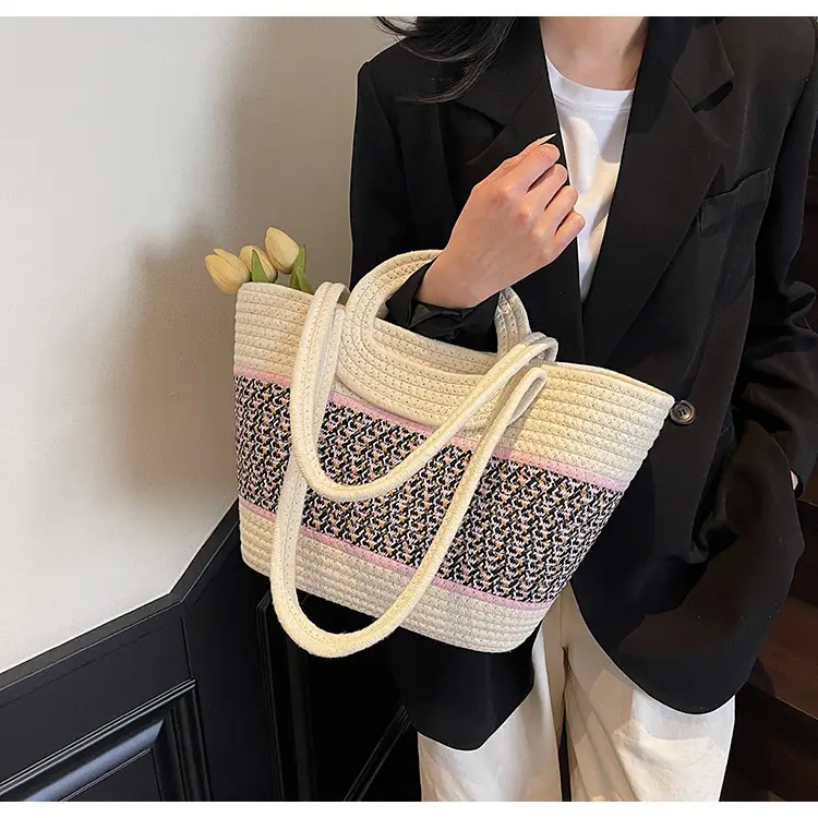 Navy Beige Woven Shoulder Bag with Patterned Base — feature 35