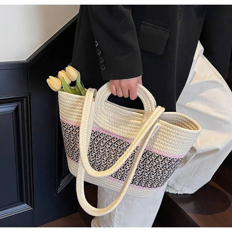 Navy Beige Woven Shoulder Bag with Patterned Base — feature 36