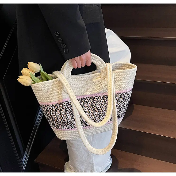 Navy Beige Woven Shoulder Bag with Patterned Base — feature 37
