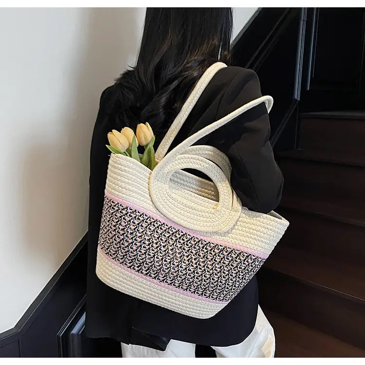 Navy Beige Woven Shoulder Bag with Patterned Base — feature 38
