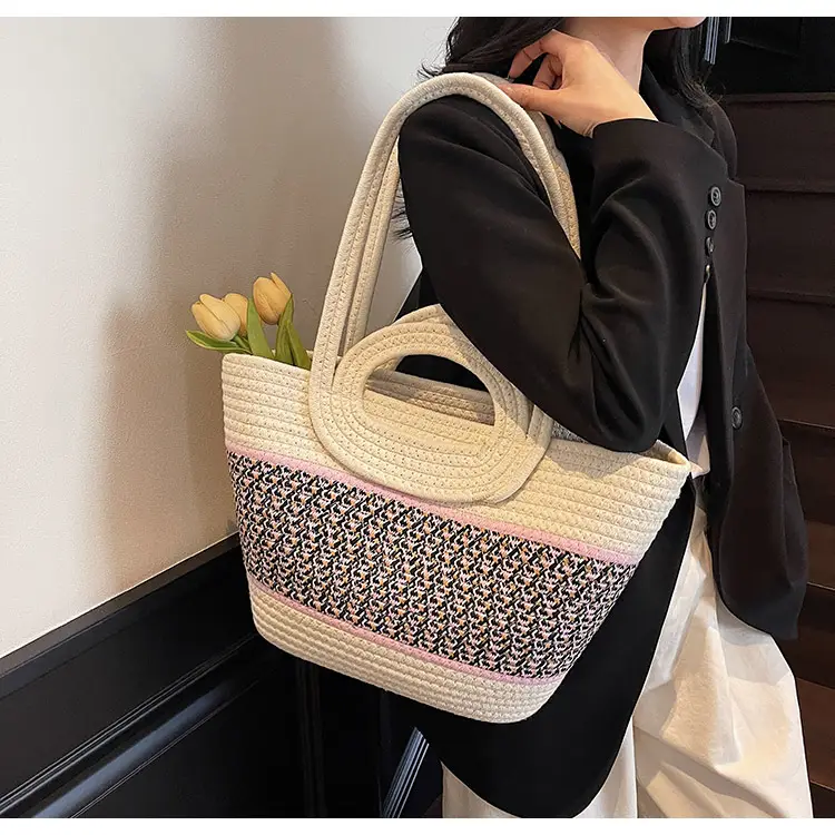 Navy Beige Woven Shoulder Bag with Patterned Base — feature 39