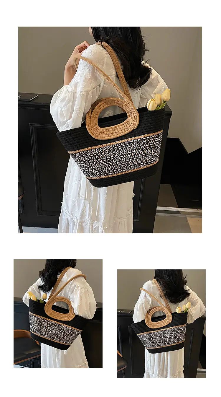 Navy Beige Woven Shoulder Bag with Patterned Base — feature 9