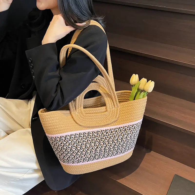 Navy Beige Woven Shoulder Bag with Patterned Base