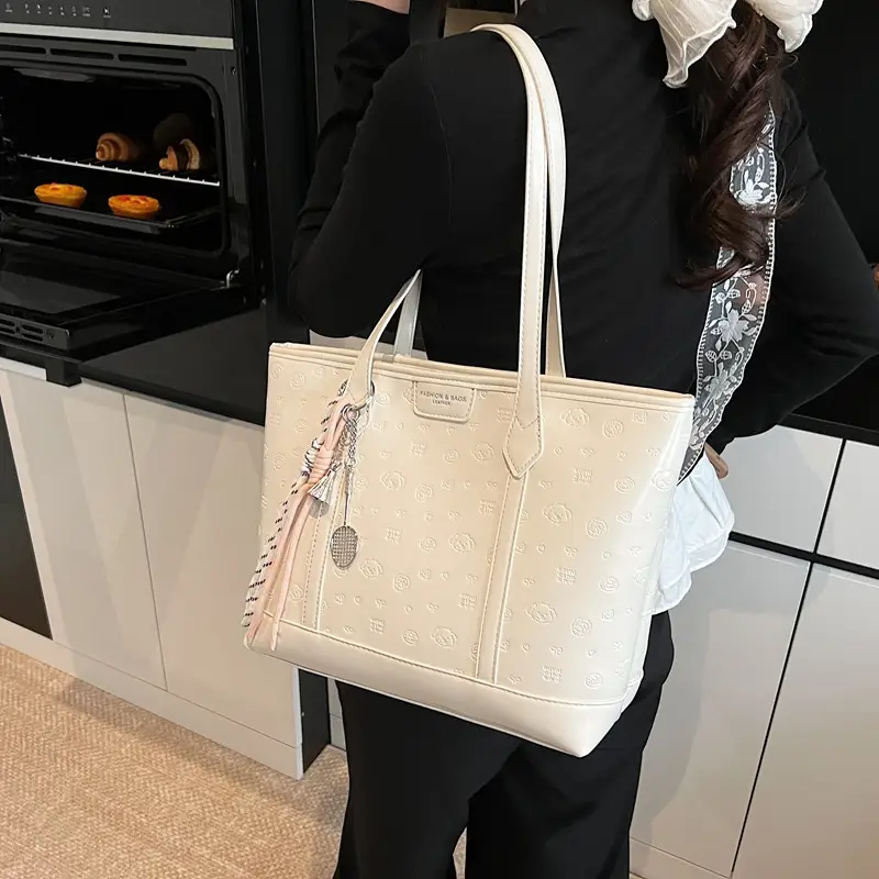 Korean Style White Leather Tote Bag for Women