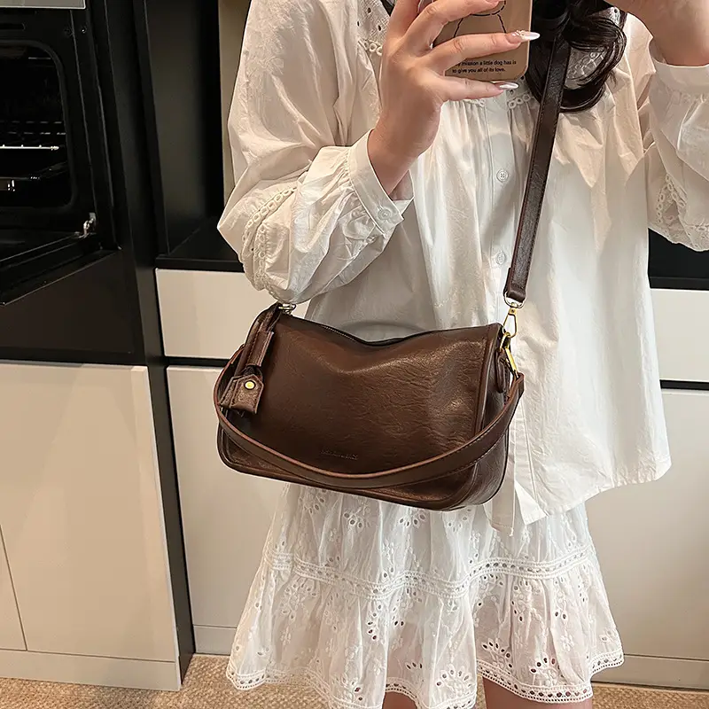 Brown Textured Leather Shoulder Bag for Women 2025