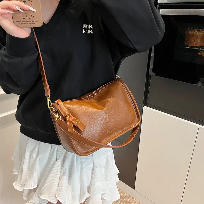 Brown Textured Leather Shoulder Bag for Women 2025