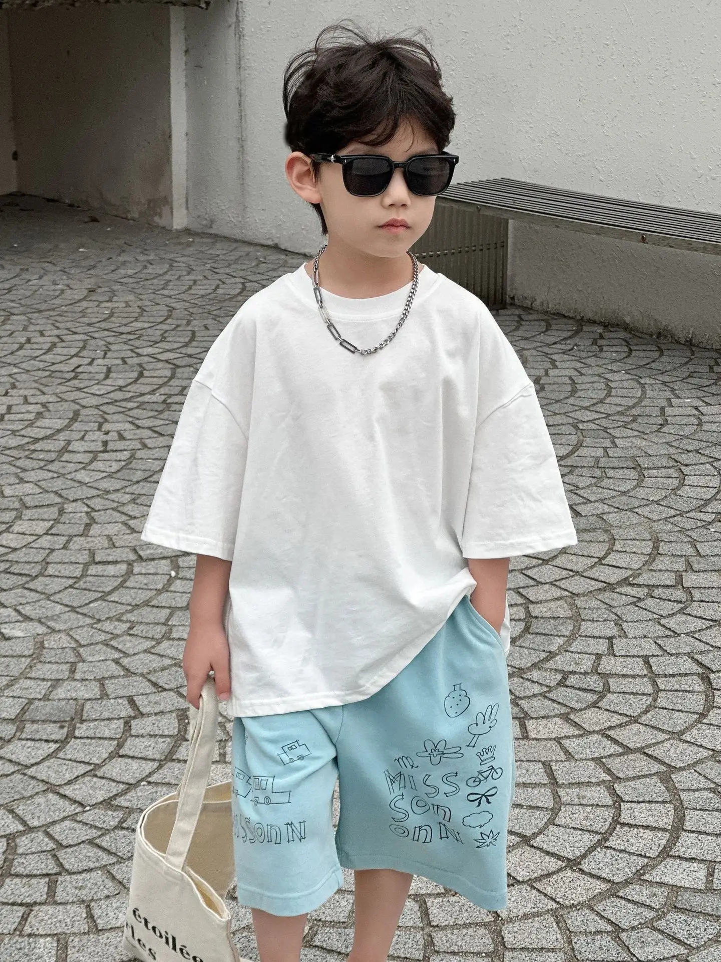 Boys Summer Cotton T-Shirt Blue Shorts Set Medium Small - Image 2