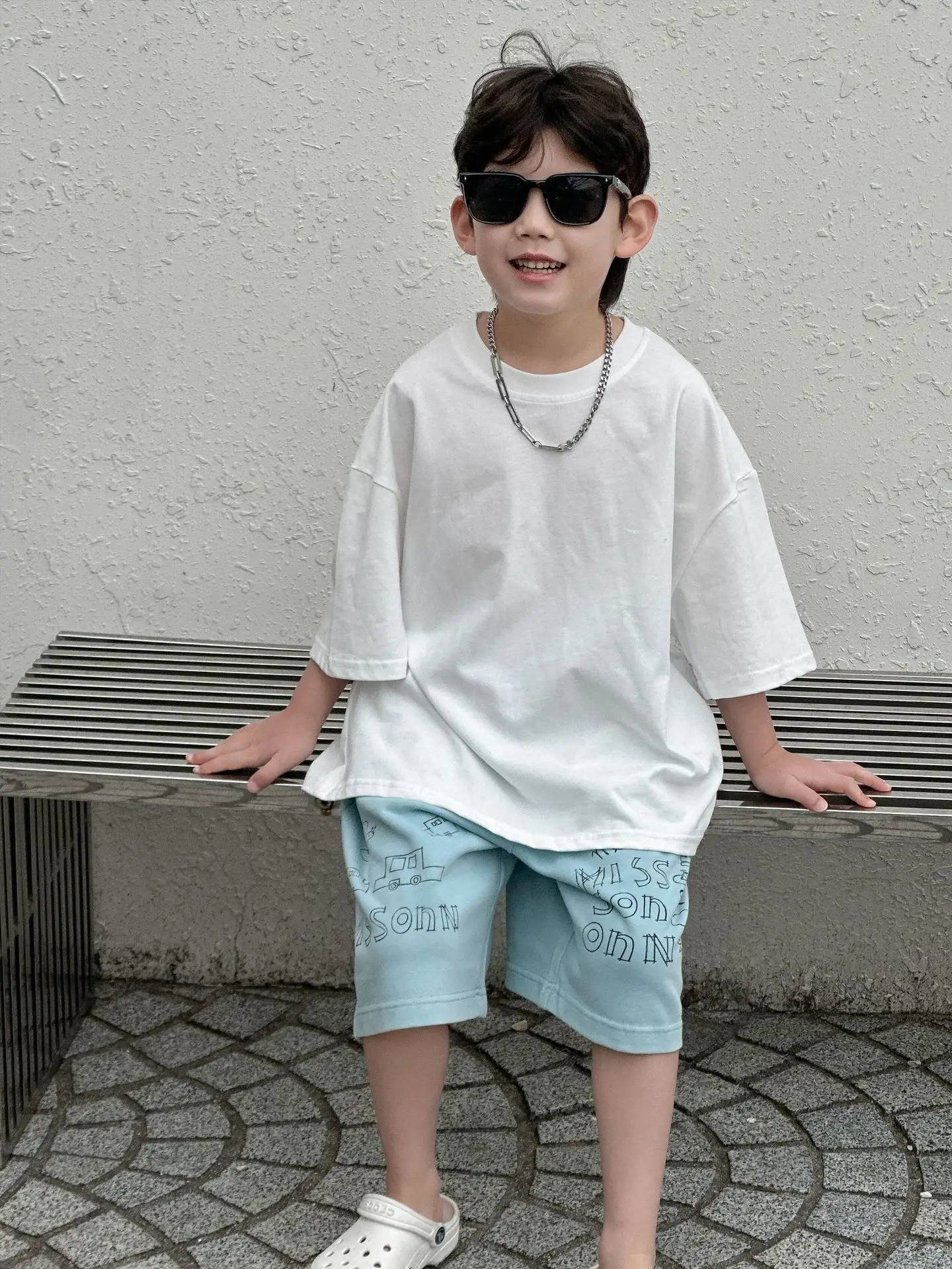 Boys Summer Cotton T-Shirt Blue Shorts Set Medium Small - Image 3