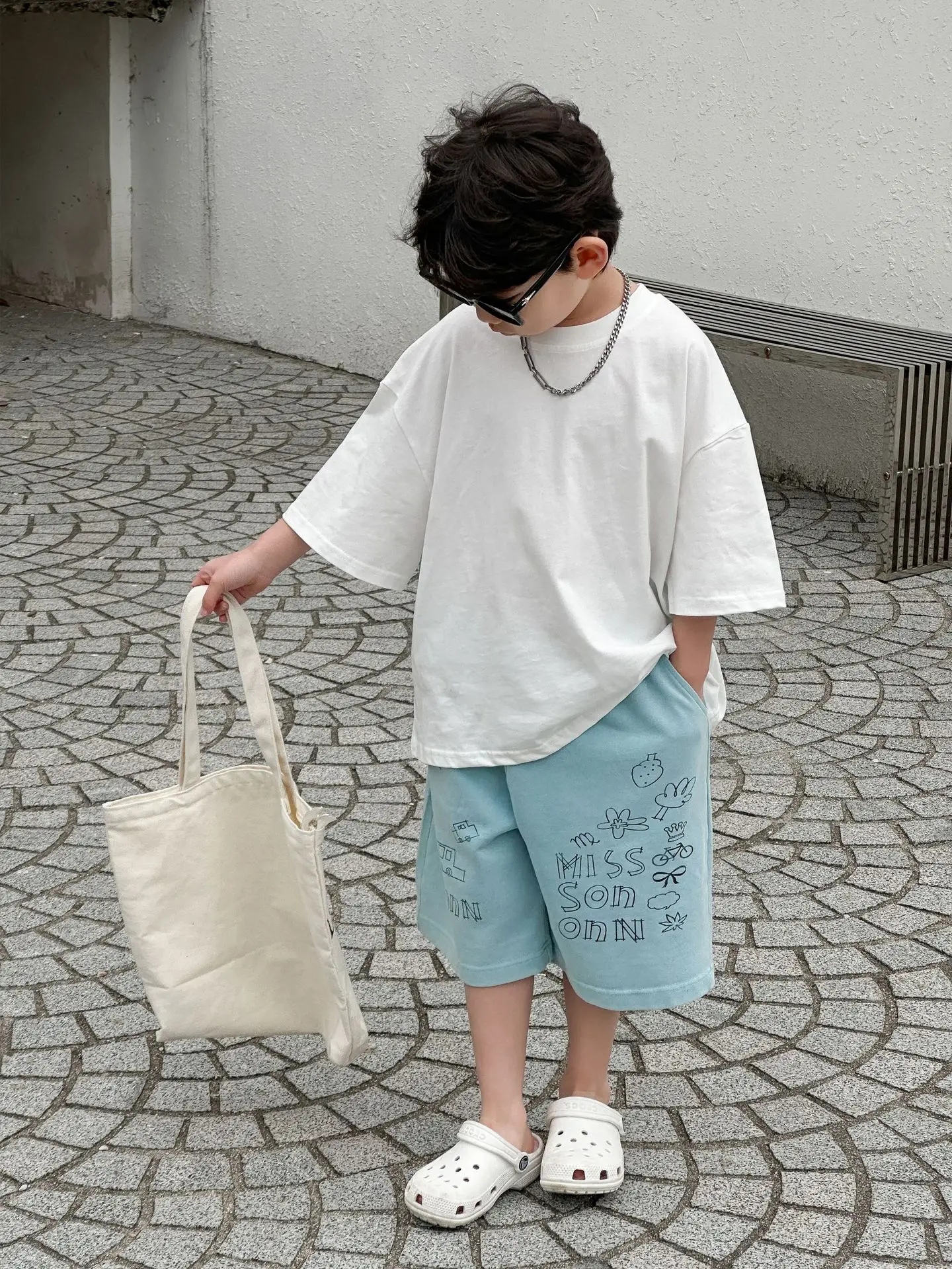 Boys Summer Cotton T-Shirt Blue Shorts Set Medium Small - Image 5