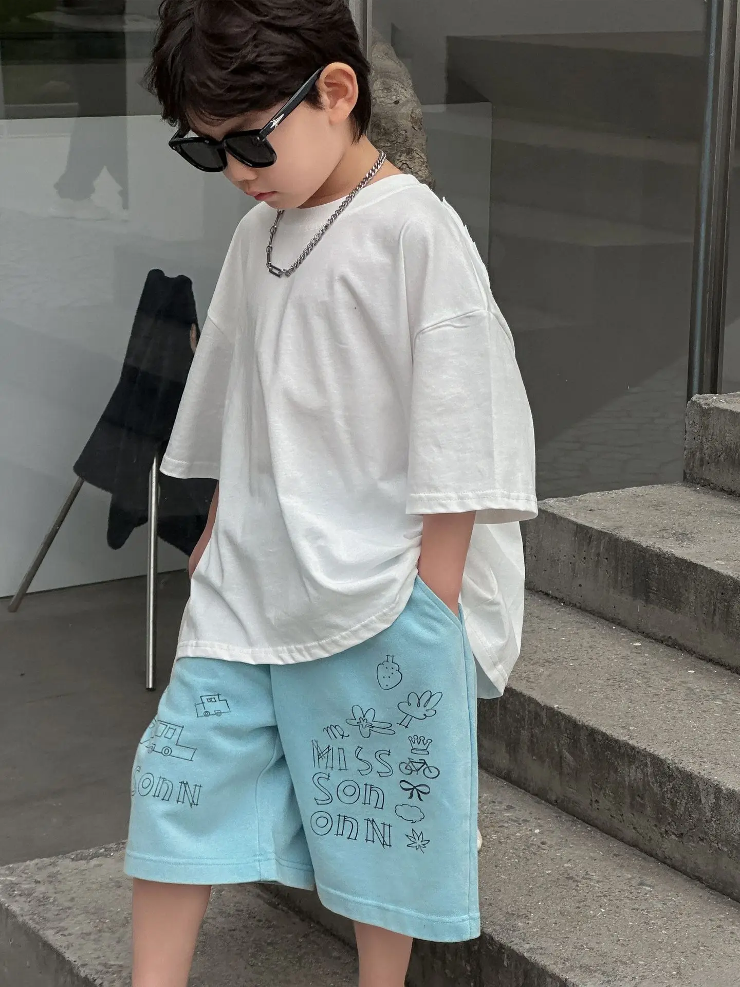 Boys Summer Cotton T-Shirt Blue Shorts Set Medium Small - Image 6