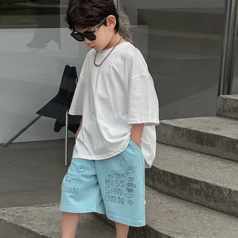 Boys Summer Cotton T-Shirt Blue Shorts Set Medium Small — feature 14