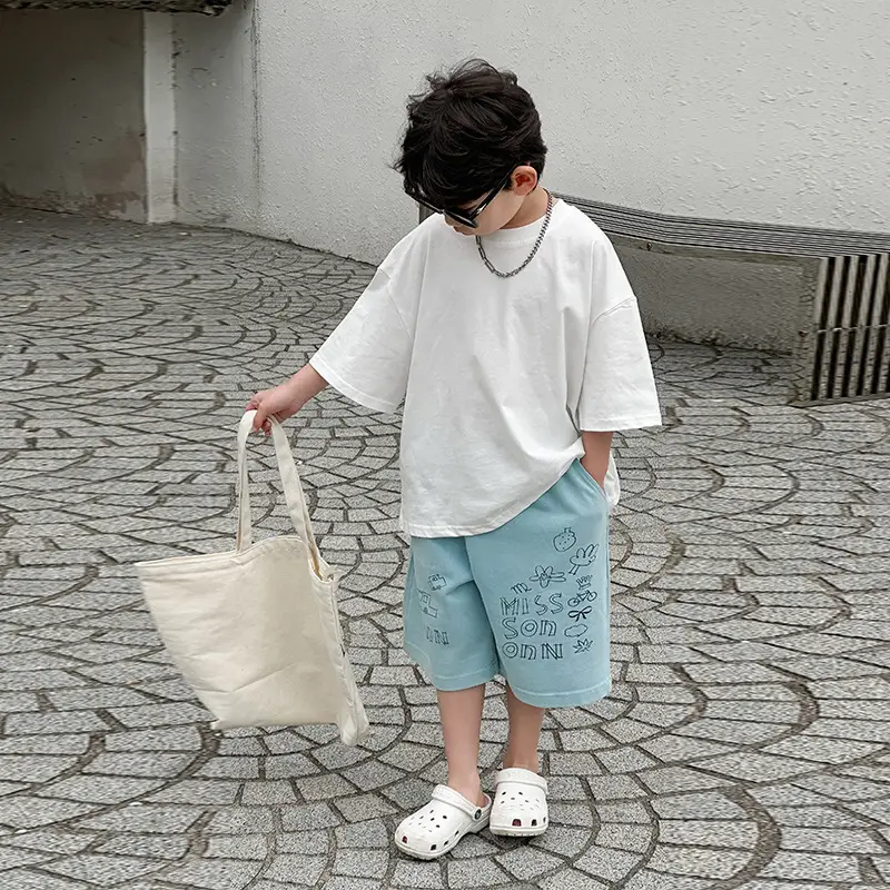 Boys Summer Cotton T-Shirt Blue Shorts Set Medium Small — feature 17