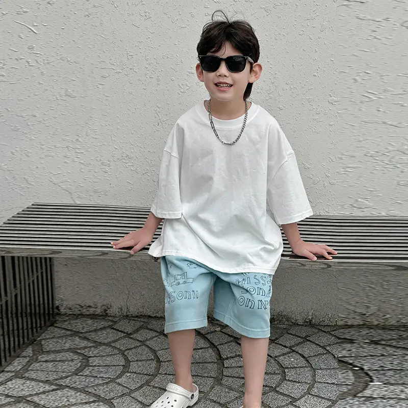 Boys Summer Cotton T-Shirt Blue Shorts Set Medium Small — feature 18