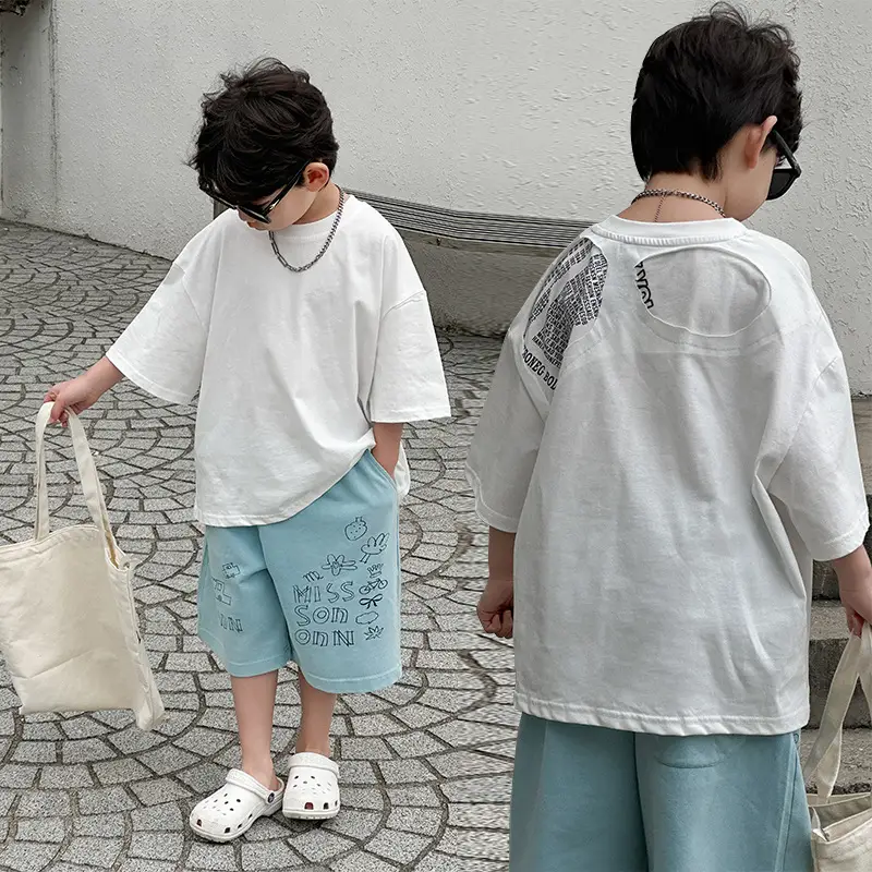 Boys Summer Cotton T-Shirt Blue Shorts Set Medium Small — feature 19