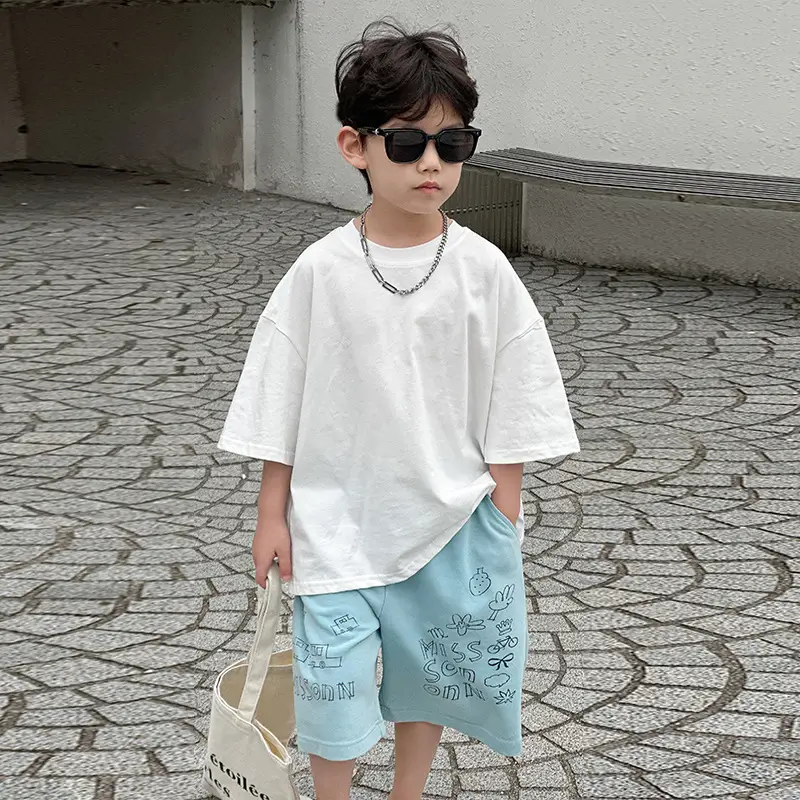 Boys Summer Cotton T-Shirt Blue Shorts Set Medium Small — feature 3