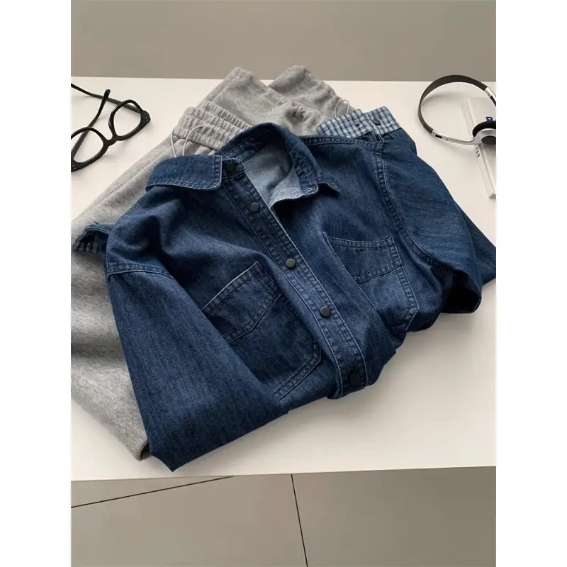 Women Denim Stitching Plaid Jacket Blue 2025