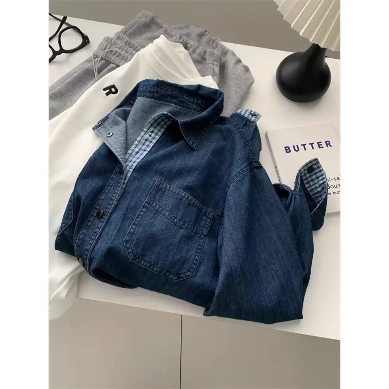 Women Denim Stitching Plaid Jacket Blue 2025