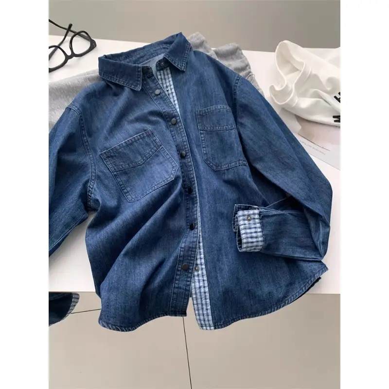 Women Denim Stitching Plaid Jacket Blue 2025