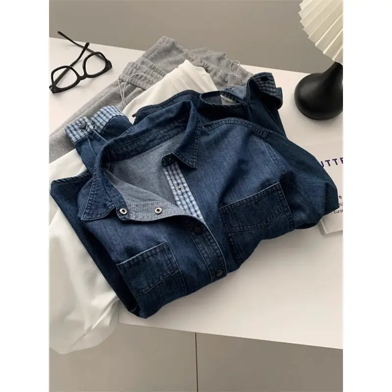 Women Denim Stitching Plaid Jacket Blue 2025