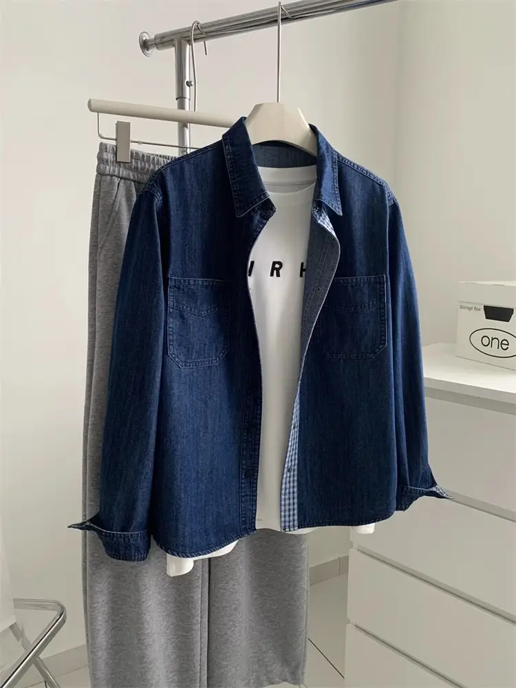 Women Denim Stitching Plaid Jacket Blue 2025 — feature 1
