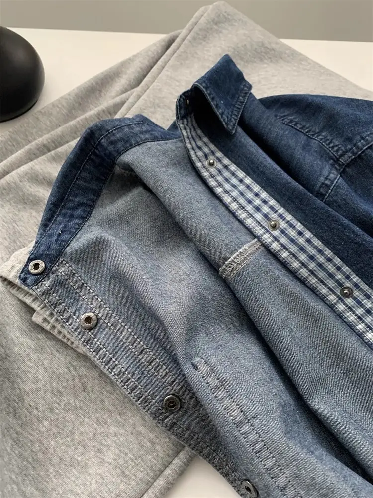 Women Denim Stitching Plaid Jacket Blue 2025 — feature 10