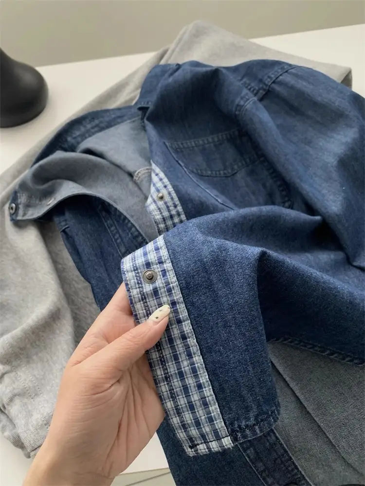 Women Denim Stitching Plaid Jacket Blue 2025 — feature 11