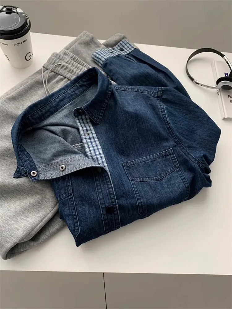 Women Denim Stitching Plaid Jacket Blue 2025 — feature 12