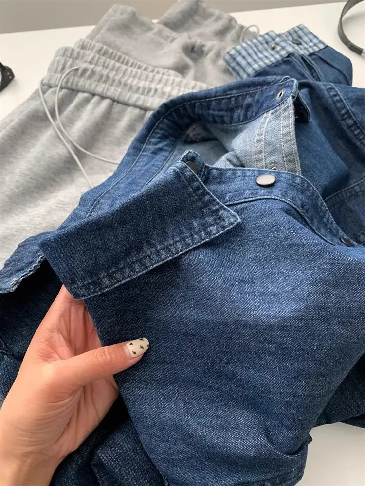 Women Denim Stitching Plaid Jacket Blue 2025 — feature 13