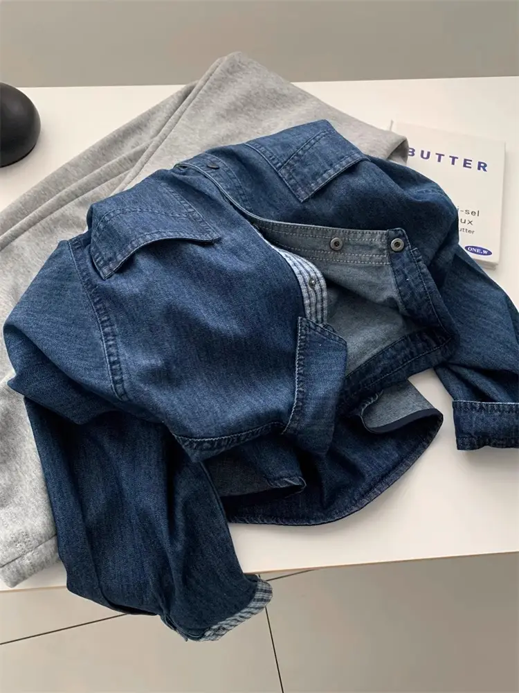 Women Denim Stitching Plaid Jacket Blue 2025 — feature 14