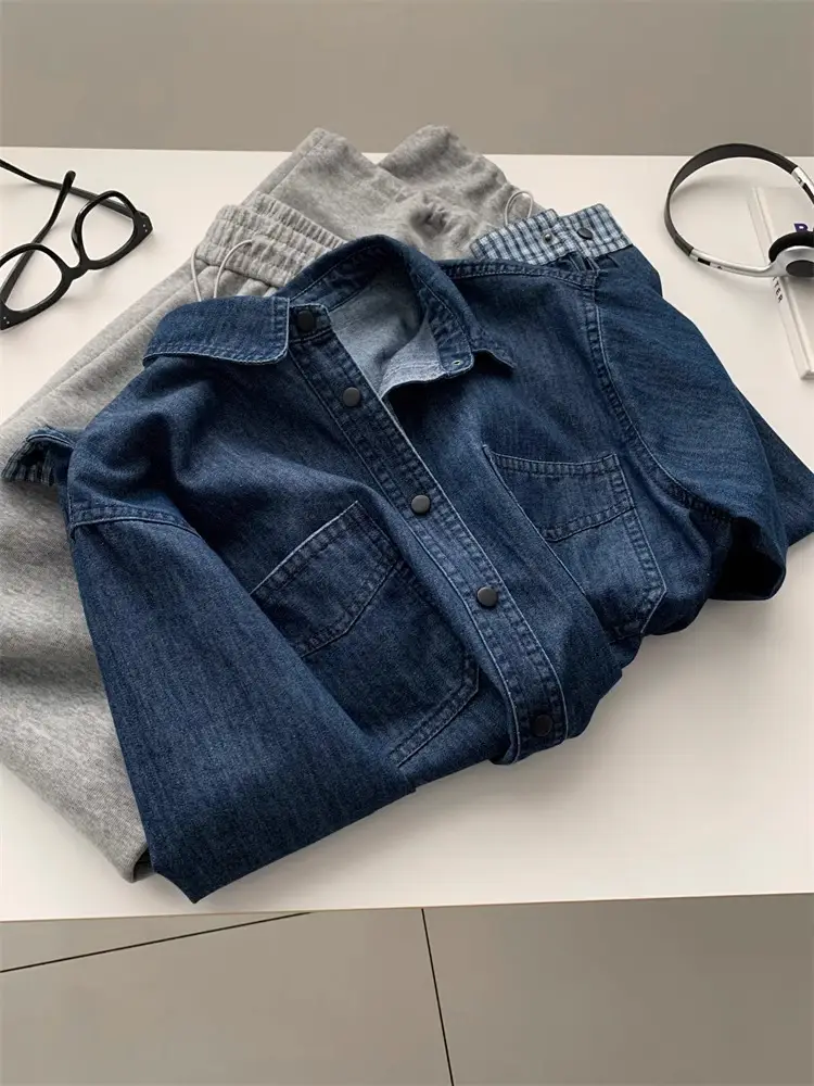 Women Denim Stitching Plaid Jacket Blue 2025 — feature 15