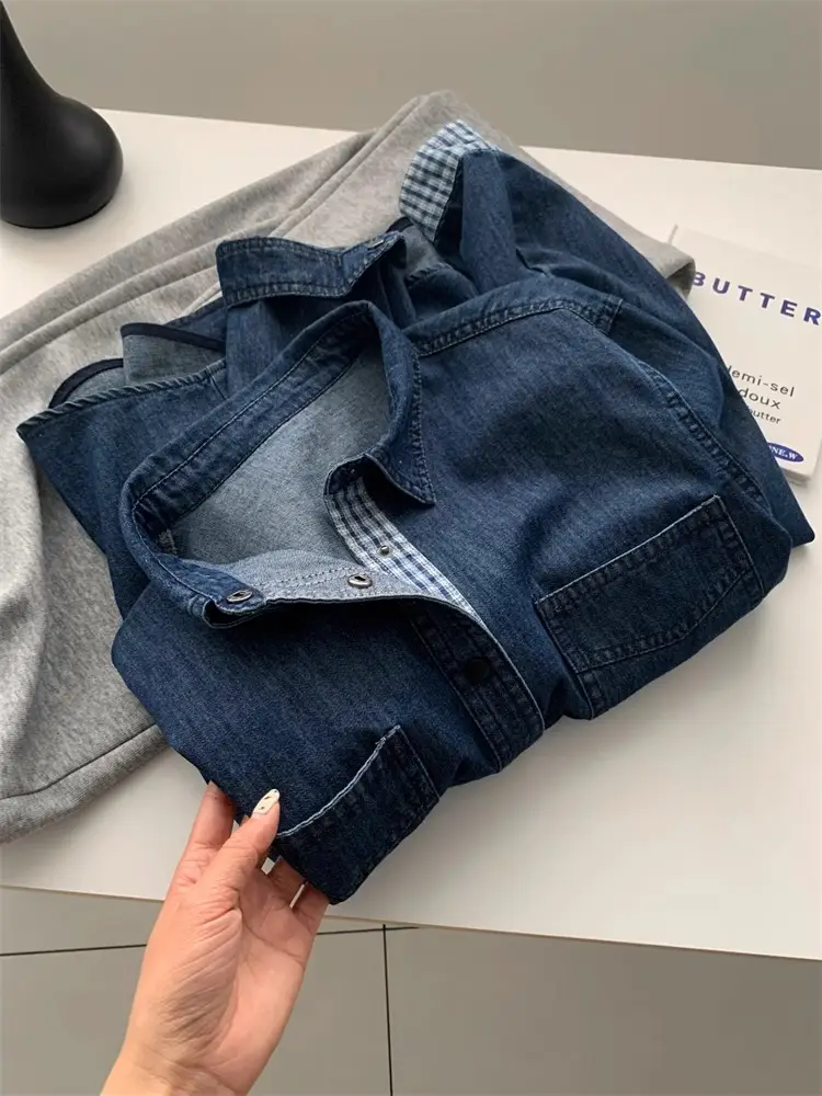 Women Denim Stitching Plaid Jacket Blue 2025 — feature 16