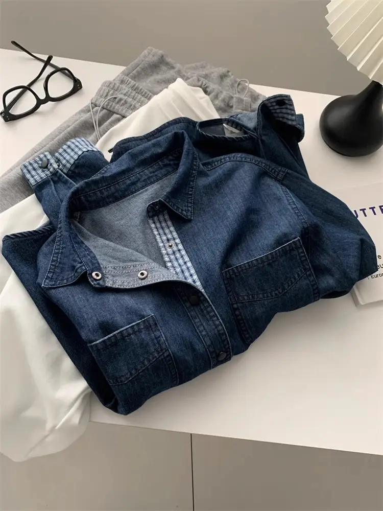 Women Denim Stitching Plaid Jacket Blue 2025 — feature 17