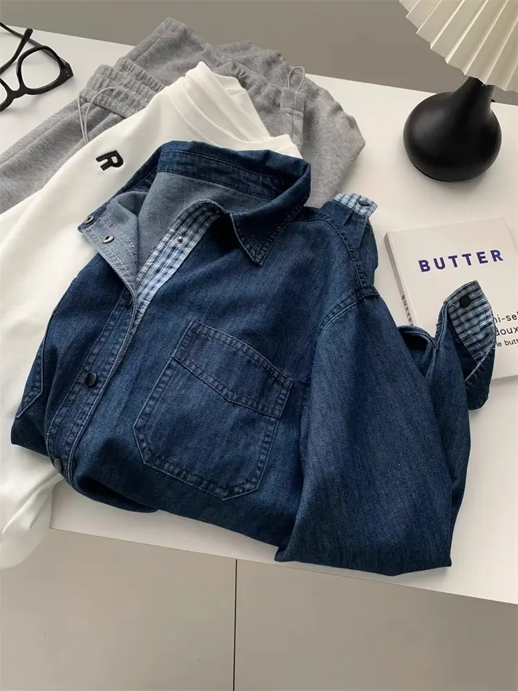 Women Denim Stitching Plaid Jacket Blue 2025 — feature 18