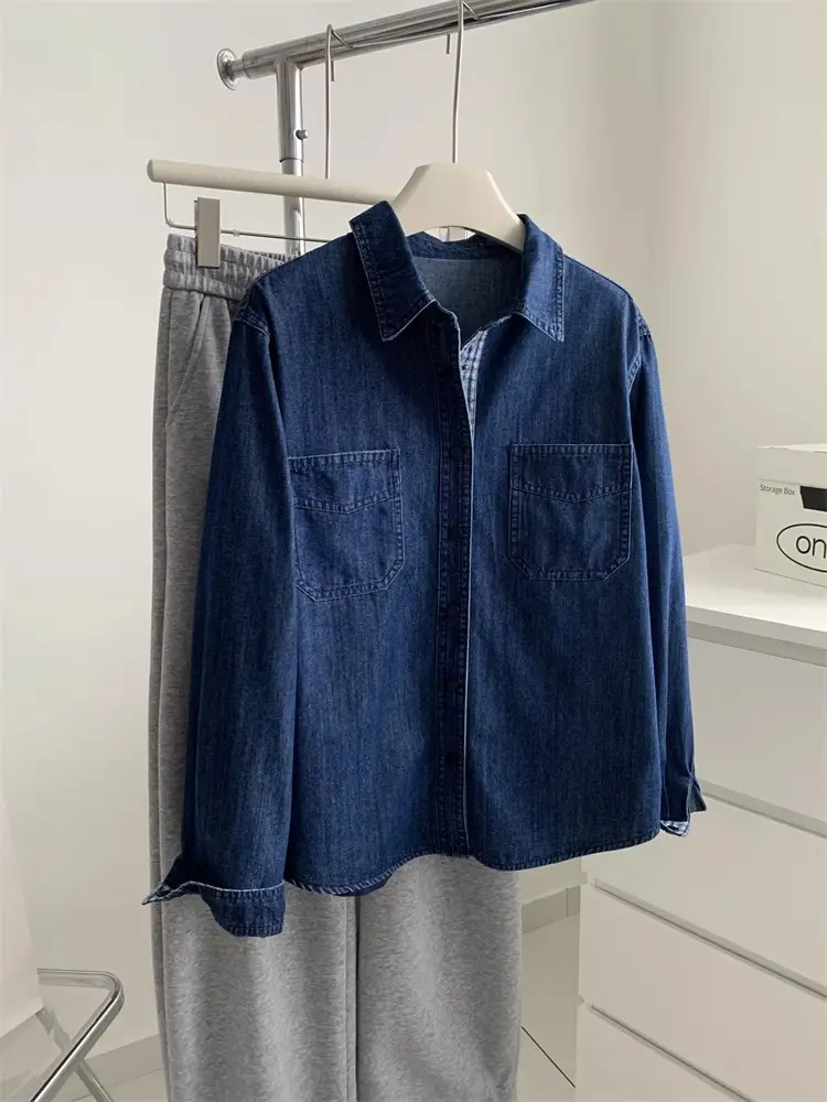 Women Denim Stitching Plaid Jacket Blue 2025 — feature 19