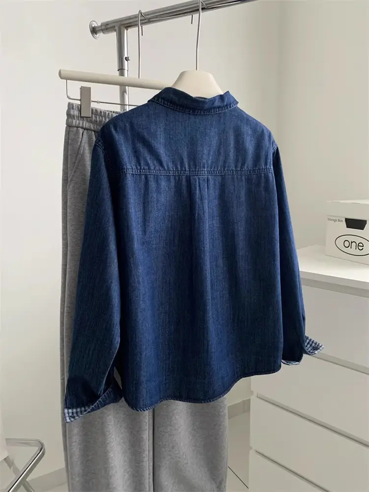 Women Denim Stitching Plaid Jacket Blue 2025 — feature 20
