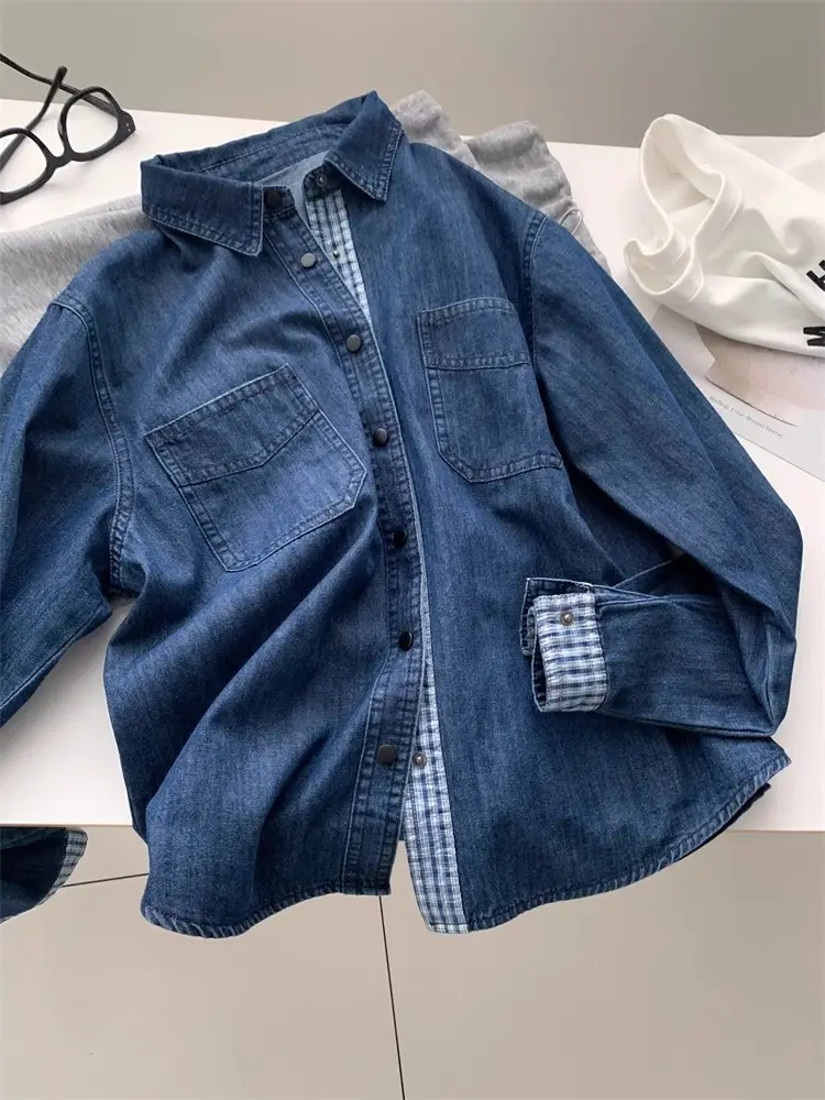 Women Denim Stitching Plaid Jacket Blue 2025 — feature 3