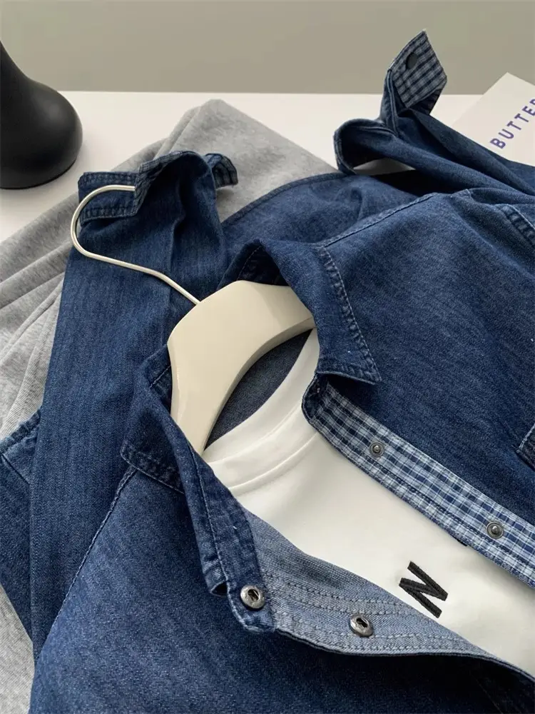 Women Denim Stitching Plaid Jacket Blue 2025 — feature 4