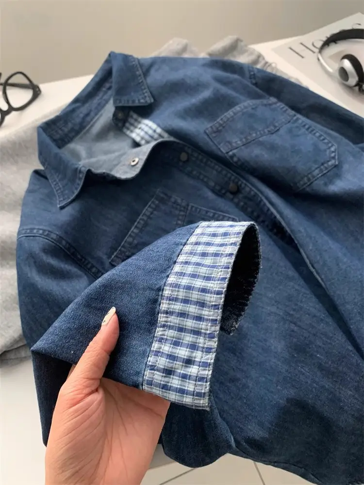 Women Denim Stitching Plaid Jacket Blue 2025 — feature 5