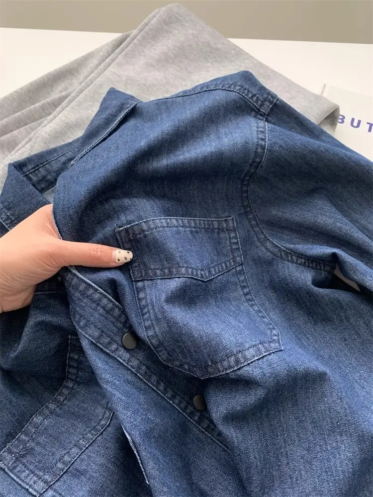 Women Denim Stitching Plaid Jacket Blue 2025 — feature 6