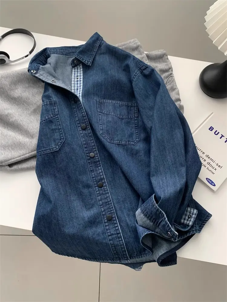 Women Denim Stitching Plaid Jacket Blue 2025 — feature 8