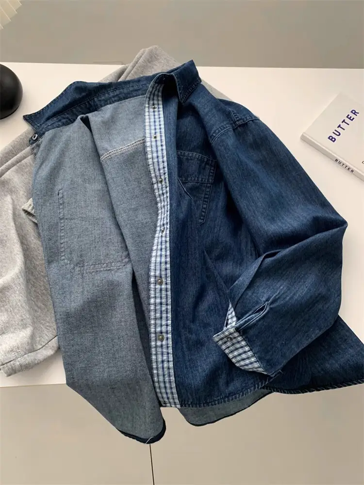 Women Denim Stitching Plaid Jacket Blue 2025 — feature 9