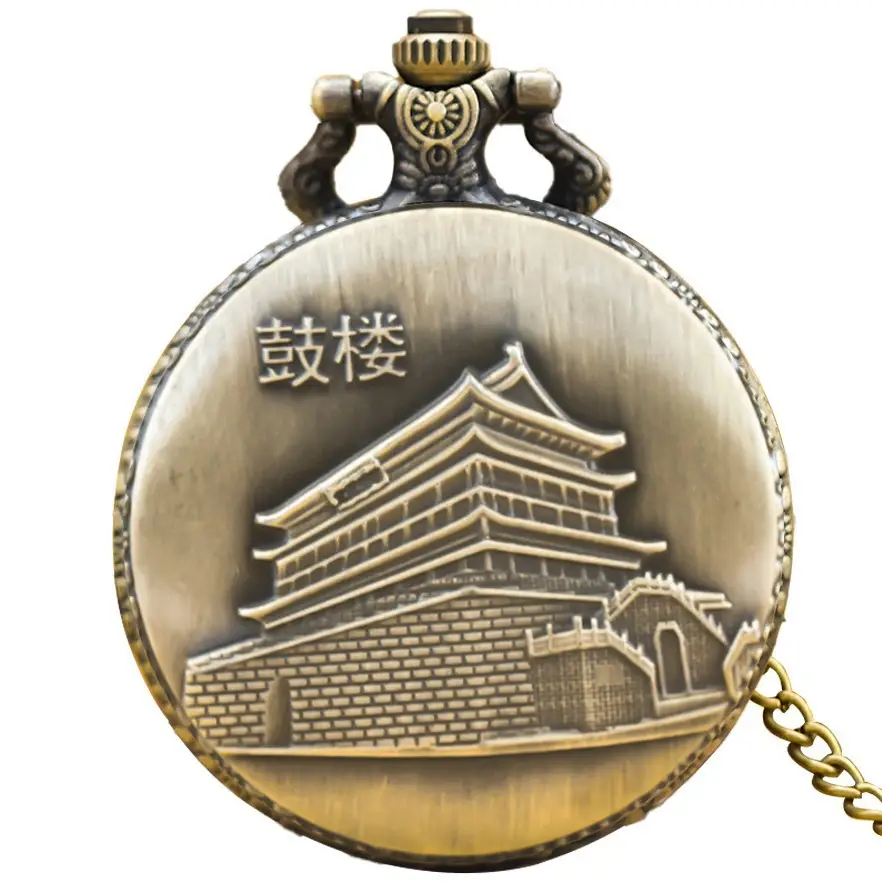 Retro Chinese Style Bronze Pocket Watch with Tourist Design