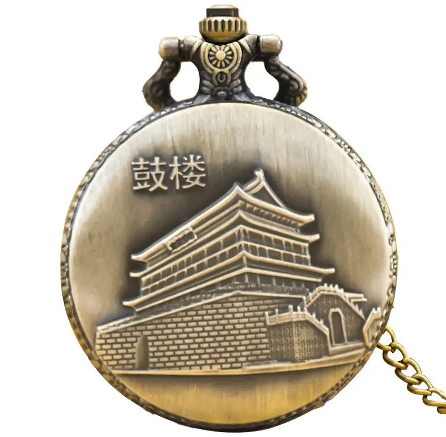 Retro Chinese Style Bronze Pocket Watch with Tourist Design