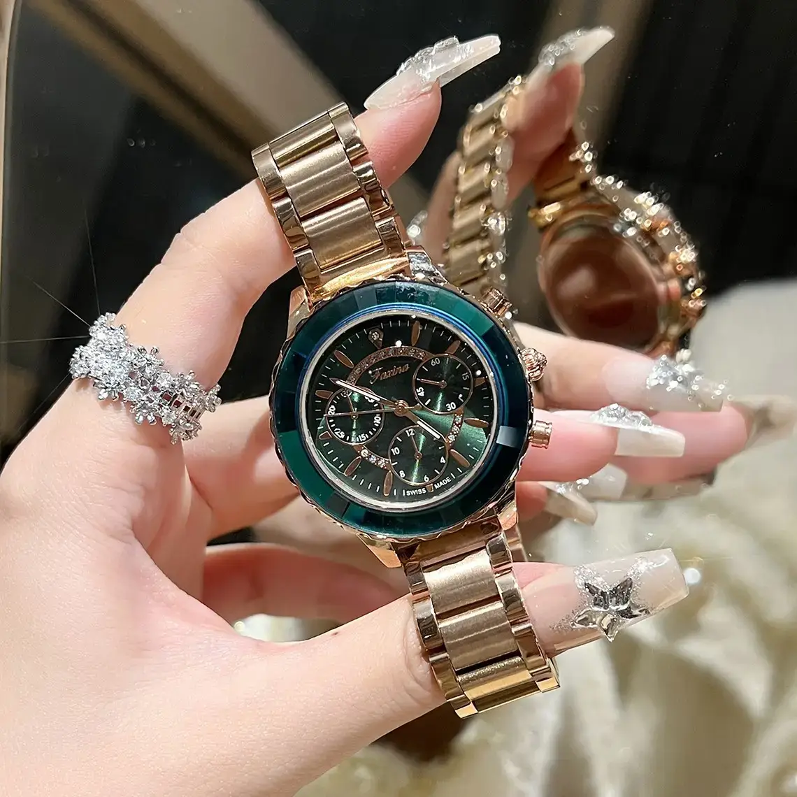 Women's Refraction Mirror Six-Pin Watch with Diamond Bracelet - Image 3