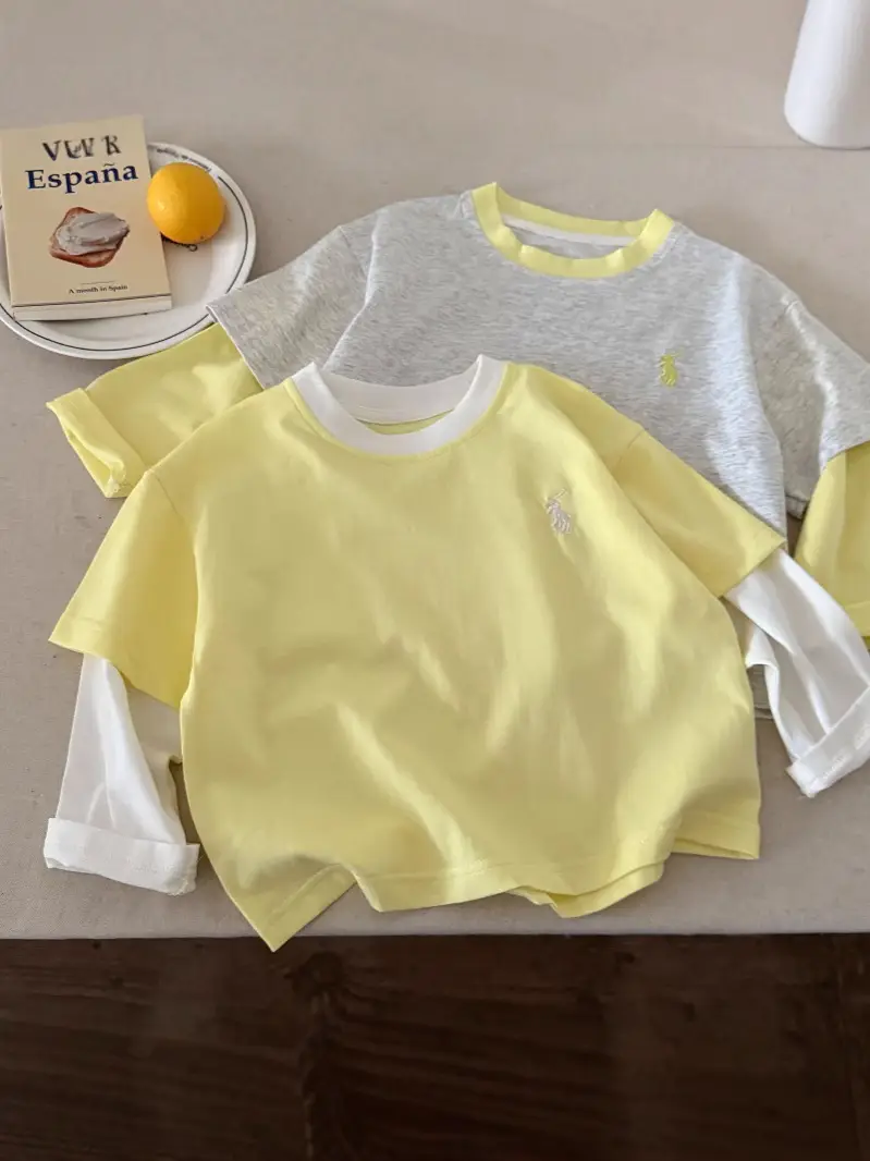 Children's Fake Two-Piece T-Shirt Yellow Grey 2025 - Image 3