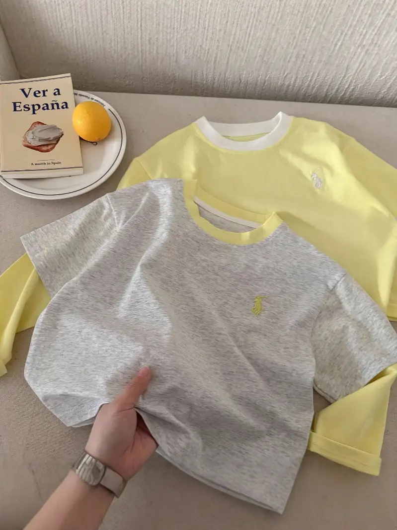 Children's Fake Two-Piece T-Shirt Yellow Grey 2025 - Image 4
