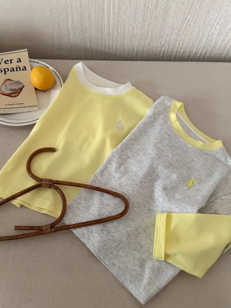 Children's Fake Two-Piece T-Shirt Yellow Grey 2025 - Image 6