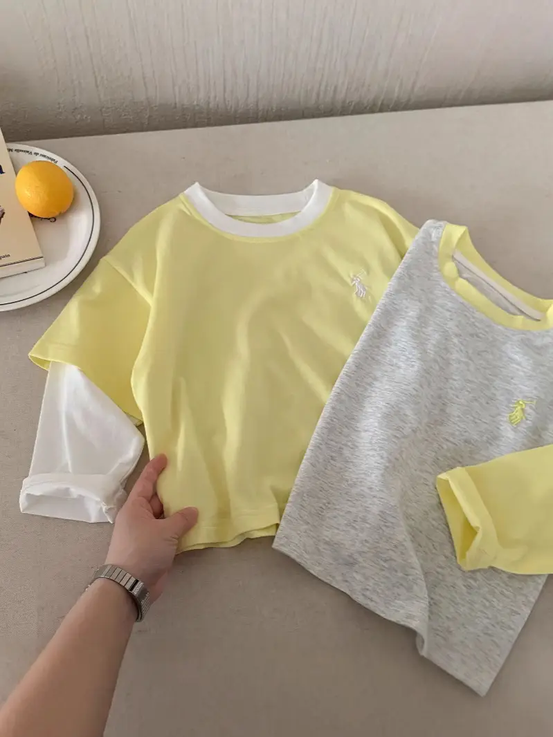 Children's Fake Two-Piece T-Shirt Yellow Grey 2025 - Image 7